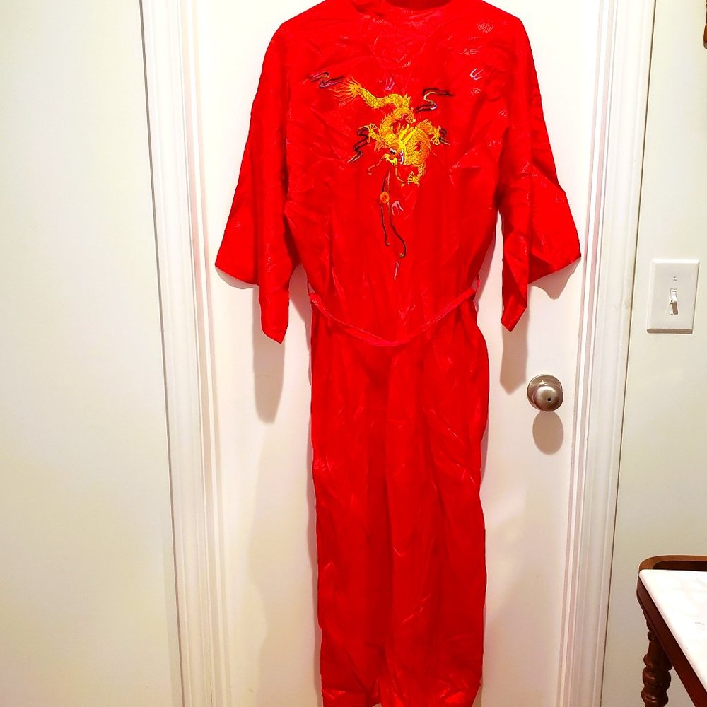 Golden Bee Red Robe Jacket Embroidered Golden Dragon Kimono Long Tie Large READ